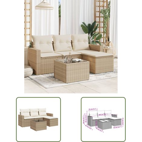The Living Store 5-tlg. Garten-Sofagarnitur mit Kissen Beige Poly Rattan - Gartenmöbel Set - PE-Rattan Möbel - Outdoor Sofa - Lounge Set - Esstisch (1/3)