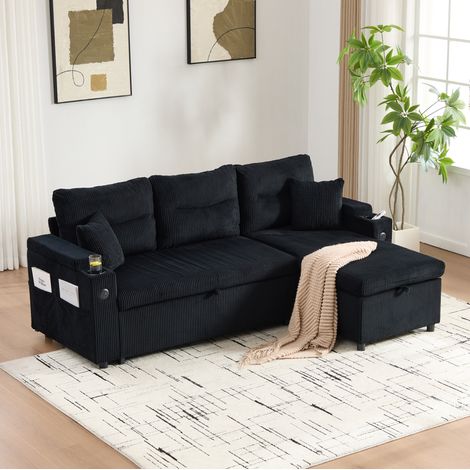 Divano 3 posti nero 212,5/136/86 cm in velluto a coste con letto estraibile e USB-C (1/5)