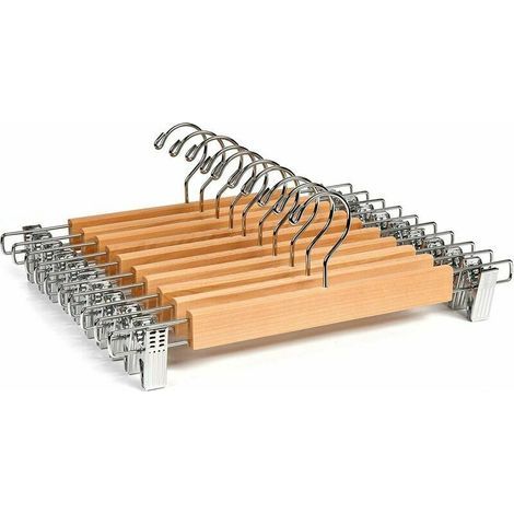 Lot De 10 Cintres En Bois Naturelle 36Cm, Pour Pantalons Jupes Chaussettes Sous Vêtements, Cintre Antidérapants Avec Pinces (1/5)