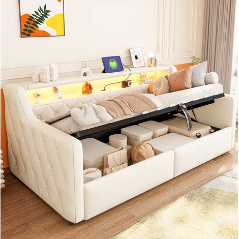 Divano letto per bambini 90x200 cm con vano contenitore idraulico, LED, USB e Type-C, letto per camera da letto, tessuto in lino - beige (1/5)
