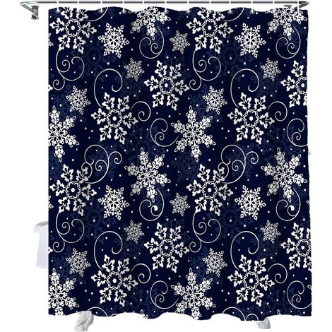 Rideau De Douche - Motif Flocons De Neige Blanc Et Bleu Marine - 100 % Polyester Imperméable - 72 X 84 Pouces - Avec Anneaux En Plastique Et 12 Oeillets Métalliques Anti-Rouille - 1 Pièce (1/5)