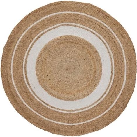 Tapis rond, moquette carpette en jute tressé coloris naturel-blanc - Diamètre 100 x Hauteur 0.5 cm -JUANIO (1/3)