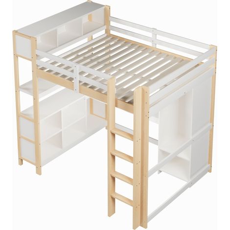 Lit mezzanine enfant 140x200 cm avec bureau, étagères et armoire, pin, naturel (1/5)
