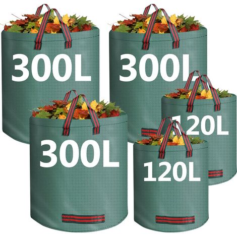 Lot de 5 Sacs à Déchets de Jardin, 300Lx3 et 120Lx2, sacs de jardin avec poignées, réutilisables, pour la collecte des déchets, débris, feuilles (1/5)