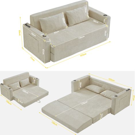 2-Sitzer-Schlafsofa aus beigefarbener Chenille mit USB, 2 Kissen HAVRYA (1/5)