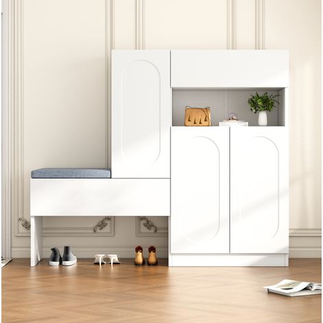Banco zapatero 2-en-1 blanco, puertas curvadas cierre suave, estantes ajustables 130×35×110 cm (1/5)