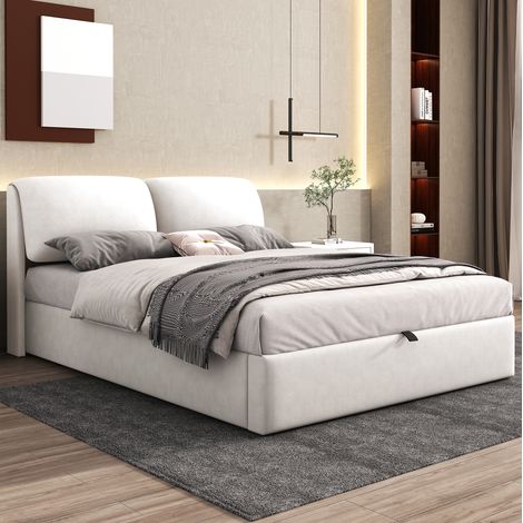 lit adulte rangement hydraulique 140x190 velours beige OKMYHOME (1/5)