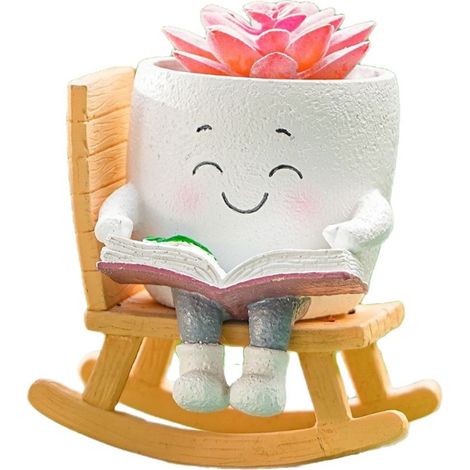 Irovami Pot de fleurs en résine en forme de fauteuil à bascule avec un adorable visage de lecteur, mini vase décoratif pour bureau, cadeau pour les amoureux des plantes (1/5)