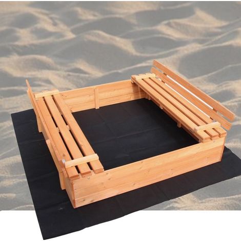 Bac à Sable Carré, Lattes En Bois, 2 Bancs Avec Dossier, Bois D'Épicéa (1/5)