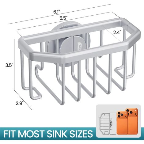 Porte-éponge argenté avec ventouse puissante, support amovible pour éponge à vaisselle à placer à l'intérieur de l'évier, en aluminium antirouille pour éponges et brosses. (1/5)