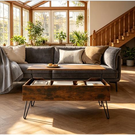 Table basse relevable 95x50x40 cm marron rustique en bois et métal avec rangement dissimulé (1/5)