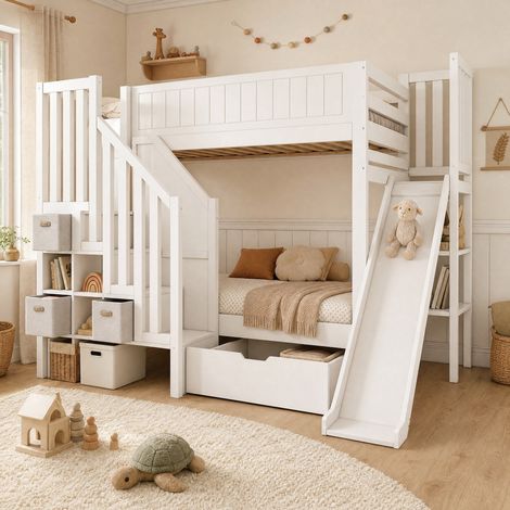 Letto a castello 90/200 cm bianco con scivolo, armadio a scala e cassetti (1/5)