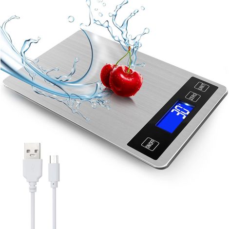 Digitale Küchenwaage (15 kg) mit LCD-Anzeige, Edelstahl und gehärtetem Glas – Genauigkeit bis zu 1 g – g/kg/lb:oz/ml/fl'oz – USB-C- oder Batteriebetrieb
