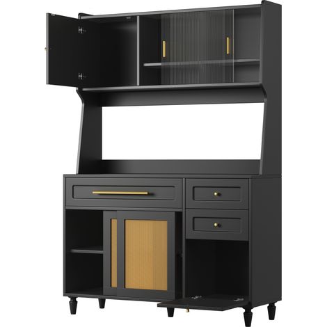 Mobile credenza alto da cucina nero con 3 cassetti, ante in rattan PE e LED, 120x45x195,5 cm (1/5)