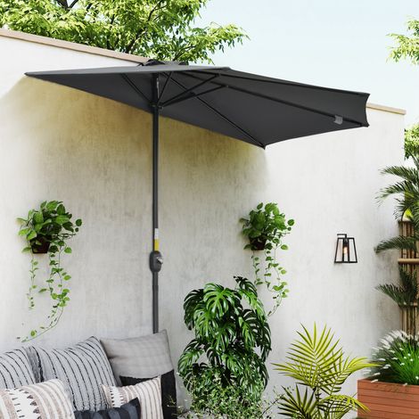 Demi parasol parasol de balcon 5 entretoises métal cheminée incluse 2,93 x 1,5 x 2,49 m polyester haute densité gris (1/5)