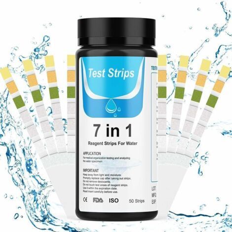 Bandelette Piscine, 7 en 1 Bandelettes Test Piscine, Lot de 50 bandelettes pour Test de Qualité d'eau sur Chlore Totale, Brome, Nitrite, Nitrate, Dureté, Alcalinité Totale, PH， (1/4)