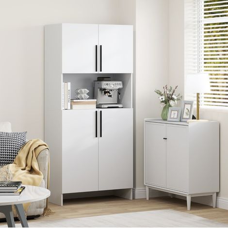 Dispensa da cucina 79x40x175 cm bianco in legno con ripiani, ante ammortizzate e vano per microonde (1/4)