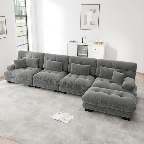 Divano modulare 4 posti grigio in ciniglia con pouf mobile e configurazione angolare (1/5)