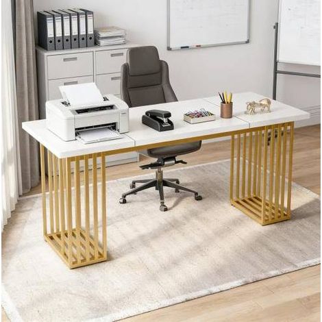Bureau moderne 180x79x78 cm en bois et métal blanc, spacieux pour bureau, FloraGrace (1/5)