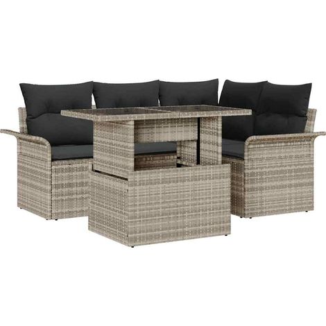 Garten-Sofa-Set mit Kissen 5 pcs Hellgrau Poly Rattan