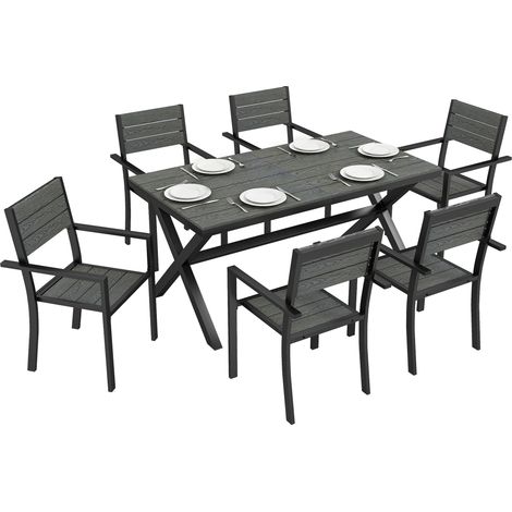 7-teiliges Gartenmöbelset für 6 Personen, stapelbarer Tisch und Stühle mit Tischplatten in Holzoptik, Aluminiumgestell, grau