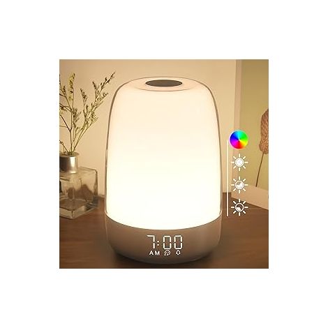 Veilleuse avec simulation de lever de soleil naturel, lampe de chevet blanc chaud à intensité variable (3 niveaux) pour chambre d'enfant, lampe de bureau RGB, fonction minuterie de répétition d'alarme (1/3)