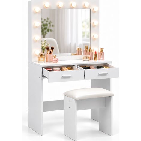 Relaxdays Dressing Table, Stool, Hollywood Mirror, Lights, 2 Drawers, HWD: 140x80x40 cm, Vanity Table, white (1/5)