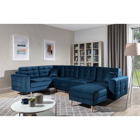 Canapé panoramique convertible - ASMA VELOURS - en tissu de qualité 5 places, bleu foncé, méridienne à droite et angle à gauche (vu de face) (1/5)
