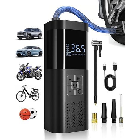 Compresseur air portatif 150 PSI, jauge + LED, accessoire homme, voiture/moto/vélo.