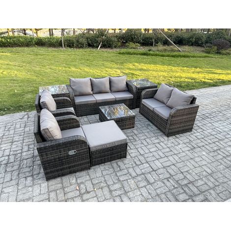 Fimous 8-Sitzer Gartenmöbelset Rattan Garten Sofa im Freien Sessel mit Gehärteter Glastisch 2 Beistelltischen 2 Großer Hockern Dunkelgrau Gemischt (1/5)