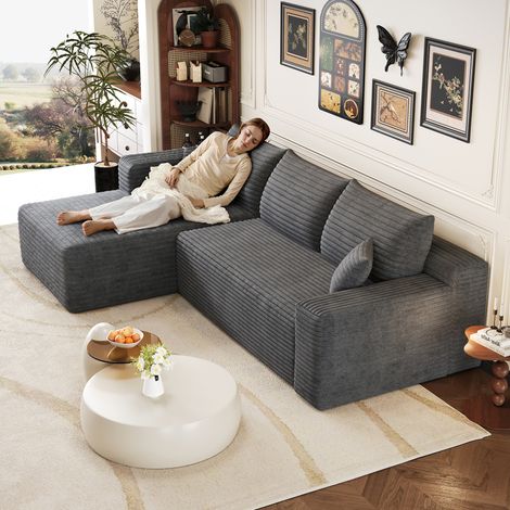 BATDTECH - Sofá convertible modular en tela de pana, sofá esquinero moderno de montaje inmediato con asiento profundo para salón, color gris oscuro (1/5)