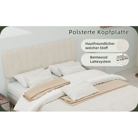 Lit rembourré moderne minimaliste avec tête de lit moelleuse, 140x200 cm, beige, meuble de chambre multifonctionnel, base basse sans rangement (sans vérin à gaz), matelas non inclus. (1/5)