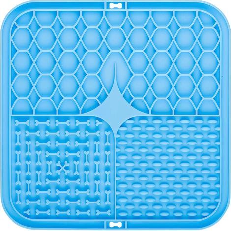 Tapis de Lèche Chien, 20x20cm Tapis Lécher pour Chien avec Spatule Silicone, sans BPA Tapis de Lechage pour Chat avec Ventouse pour Bain, Entraînement, Toilettage (Bleu) (1/4)