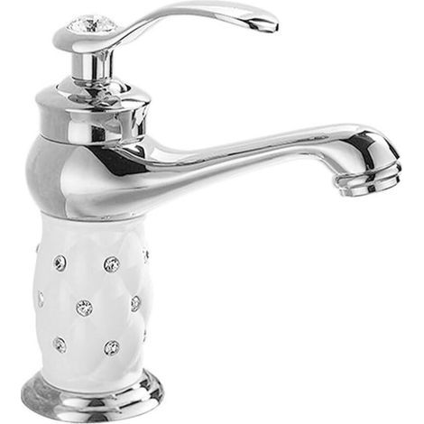 Robinet de lavabo monotrou, à poignée unique, robinet de lavabo de luxe, robinet d'eau chaude et froide (argenté). (1/4)