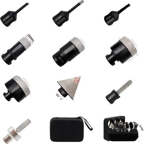 Jeu de forets à diamant, compatible avec les outils à filetage M14, 10pcs Valise, Fil M14 (1/2)