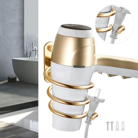 Porte Sèche Cheveux Support de Sèche Cheveux Mural en Aluminium Support de Câble pour Cuisine Salle de Bain Accessoires de Salle de Bain(Or) (1/4)