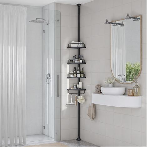 Étagère de Douche Réglable en Hauteur, 4 Niveaux, Hauteur 85 à 305 cm, Rangement de Salle de Bain, Noir