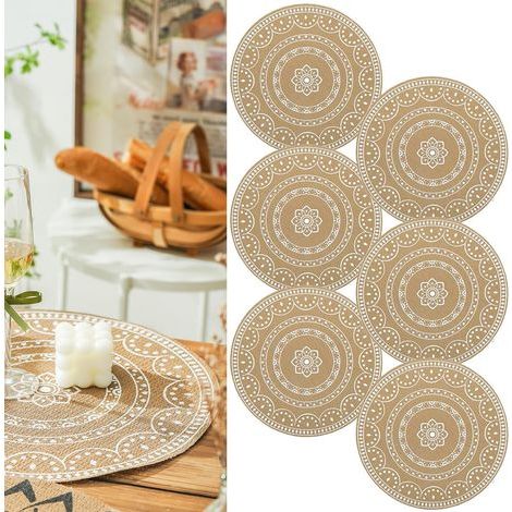 6er-Set runde Boho-Tischsets, waschbare Vinyl-Tischsets für den Esstisch, hitzebeständige Jute-Tischsets, wasserdichte Mandala-Bohemian-Tischdekorationen