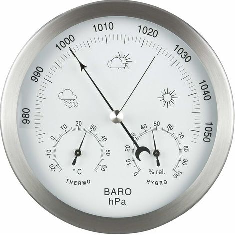 Station Météo Analogique 3 en 1 Inox Ø14 cm - Baromètre, Thermomètre, Hygromètre (1/5)