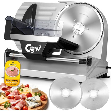 220W Electric Meat Slicer, Thickness Adjustable 0-20mm, Food Slicer for Meat, Cheese, Bread, Vegetables, with 2 Removable Stainless Steel Blades 7.5" (1/5)
