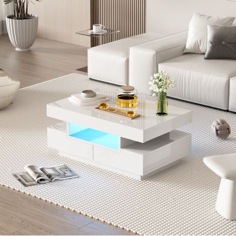 Mesa de centro con tira LED, 4 cajones, 3 compartimentos abiertos, blanco brillo HAVRYA (1/5)