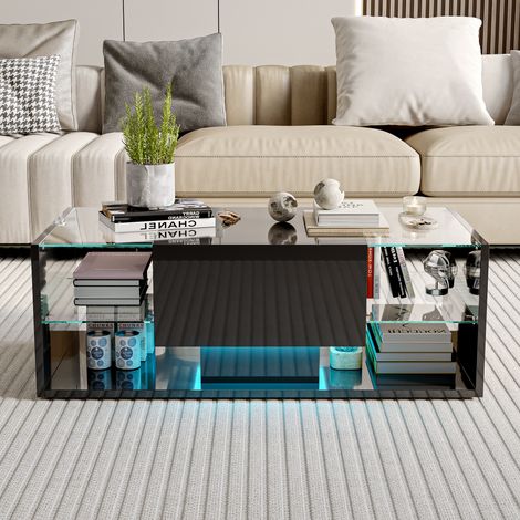 Tavolo da soggiorno con illuminazione LED, 4 ripiani in vetro, 1 cassetto e spazio di archiviazione, design nordico lucido, 100x55x35 cm - Nero