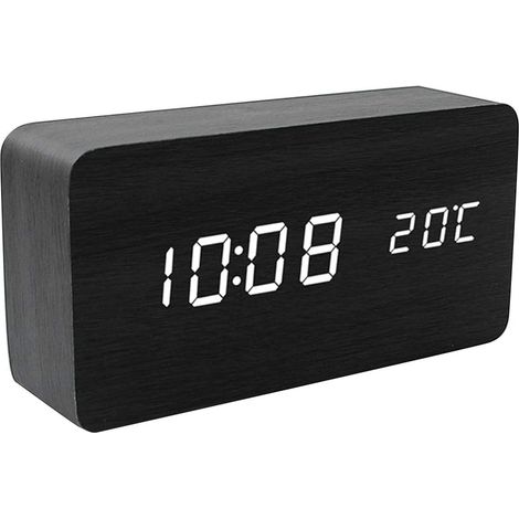Réveil LED en bois, calendrier de bureau numérique à affichage vocal, bois noir, caractères blancs (1/2)