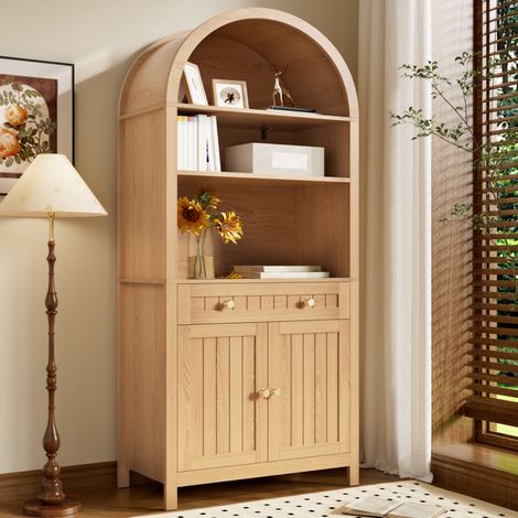Credenza da cucina alta con ripiani a giorno, cassetto e vano porta spezie, 76x40x180 cm, in MDF e pannelli di legno naturale (1/5)