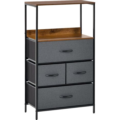 Commode chambre meuble de rangement 4 tiroirs en tissu pliables avec étagères ouvertes et cadre en métal, gris foncé