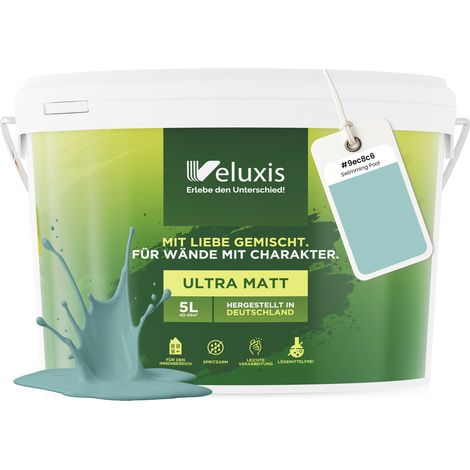 Wandfarbe Türkis Blau Mintgrün Matt Innenfarbe – Deckkraft Klasse 1, VOC-frei, Ohne Grundierung, Tropfarm – Wohnzimmer & Schlafzimmer – 5L – Veluxis (Swimming Pool)