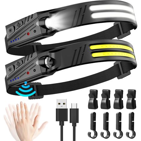 Lampe Frontale Led Ultra Puissante,2 Pièces 2000 Lumens Super Lumineux 2LED 230° Lampe Torche,1500 mAh Capteur De Mouvement Frontale Rechargeable,Étanche IPX5 0.14lb,Pour Pêche,Camping,Cyclisme (1/5)