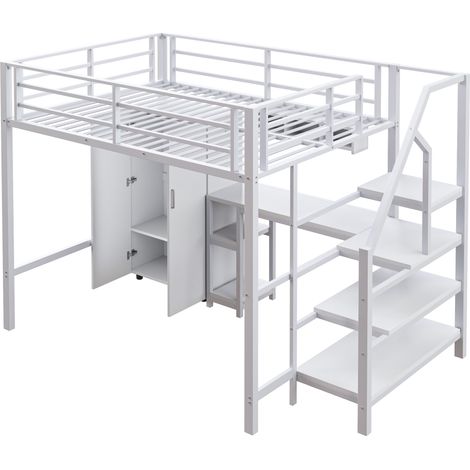 Lit mezzanine 140200cm avec armoire, étagères, escalier de rangement et bureau, sans matelas, blanc