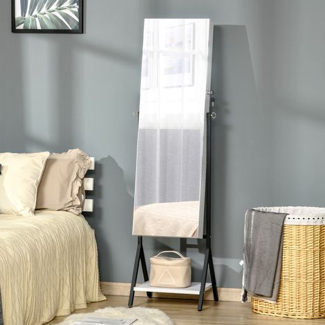 HOMCOM Ganzkörper-Schmuckspiegelschrank mit verstellbarer Höhe, Bodenablage, Magnetverschluss, Fächern und Boxen für Schmuck, 47 x 36 x 157 cm, Schwarz-Weiß (1/5)