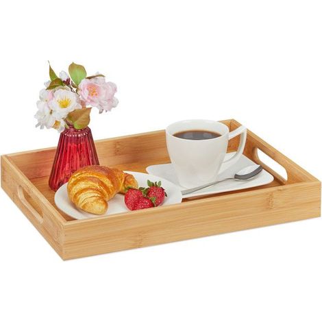1 plateau en bambou, 5,5x40x30 cm, tablette de service avec poignées et bord surélevé, pour petit-déjeuner au lit ou apéro (1/5)